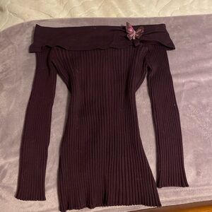 Purple Off-the-Shoulder Ribbed Knit Sweater
